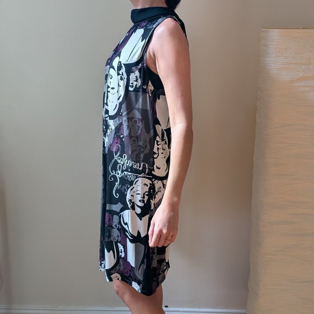 Marilyn Monroe Graphic Print Midi Tie Neck Dress M L Black White Pop Art Stretch - Picture 3 of 11
